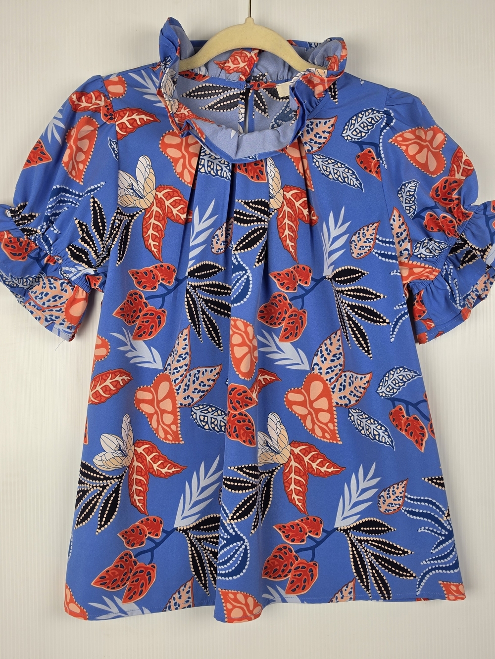 Entro Blue Floral Ruffle-Neck & Puff Sleeves Women’s Top